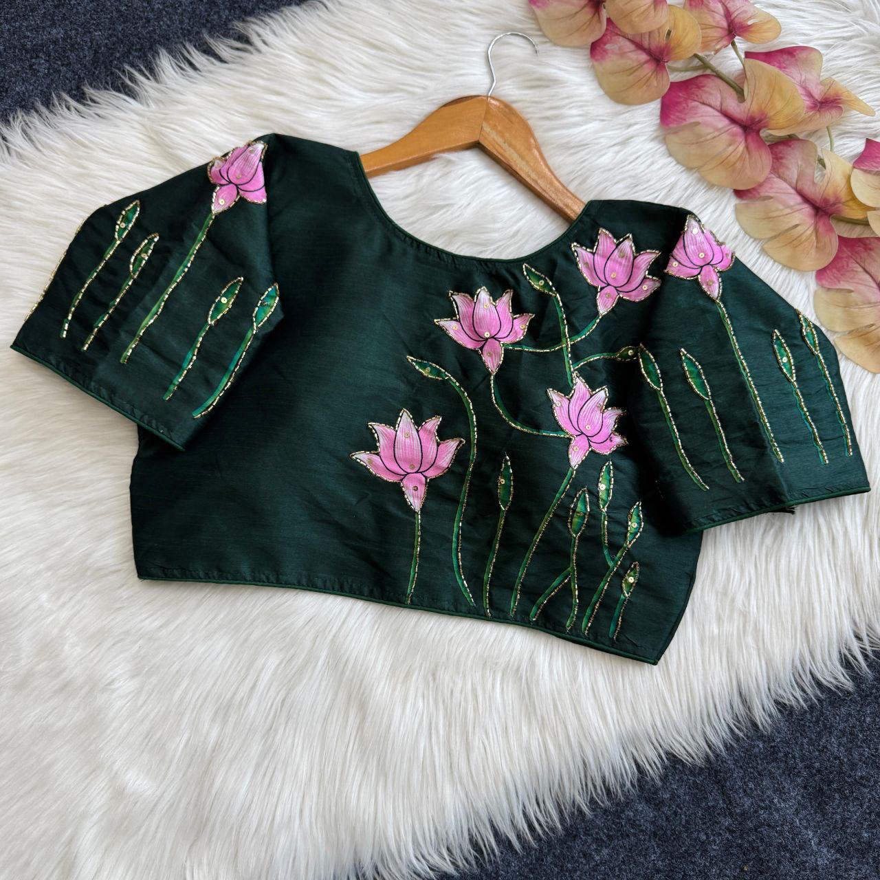 Pure silk fabric with Decent print all over blouse with antique handcrafted work