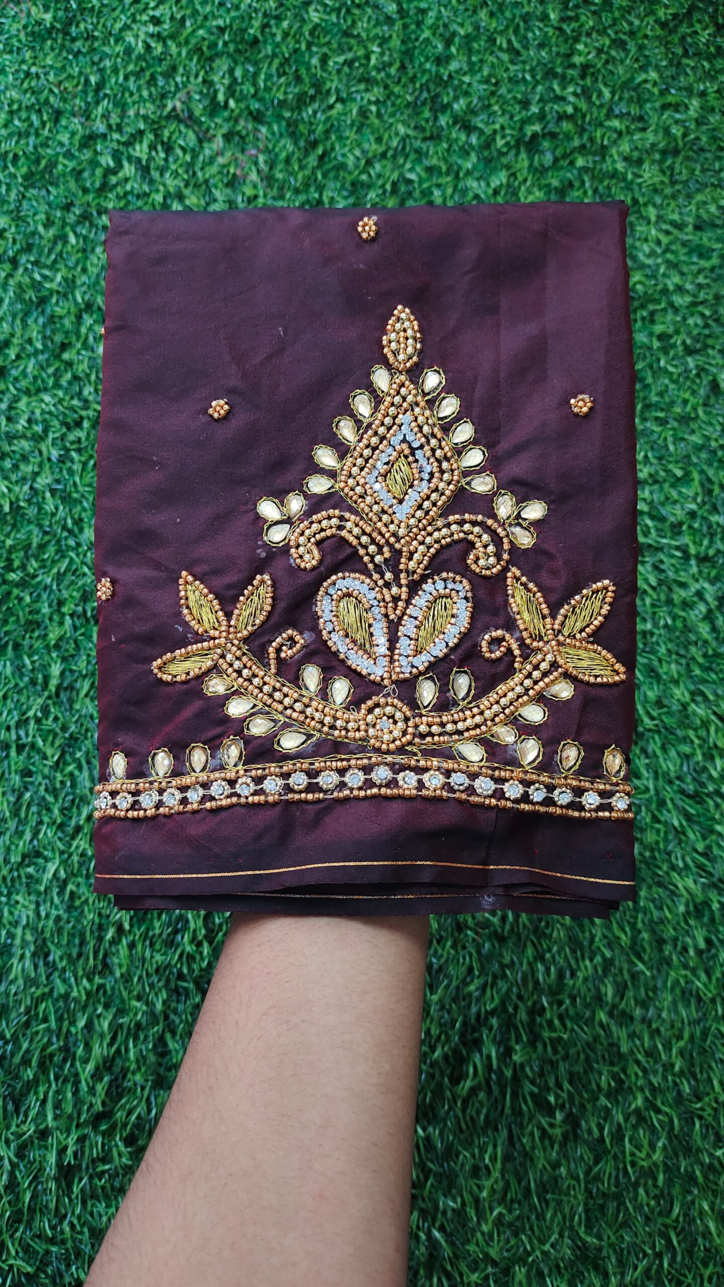 Gold zari kundan Designs Maggam Work Blouse Piece
