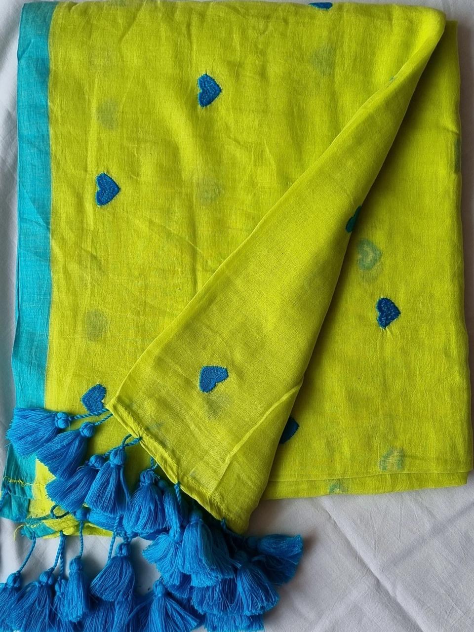 Yellow linen handloom Mul Cotton Saree