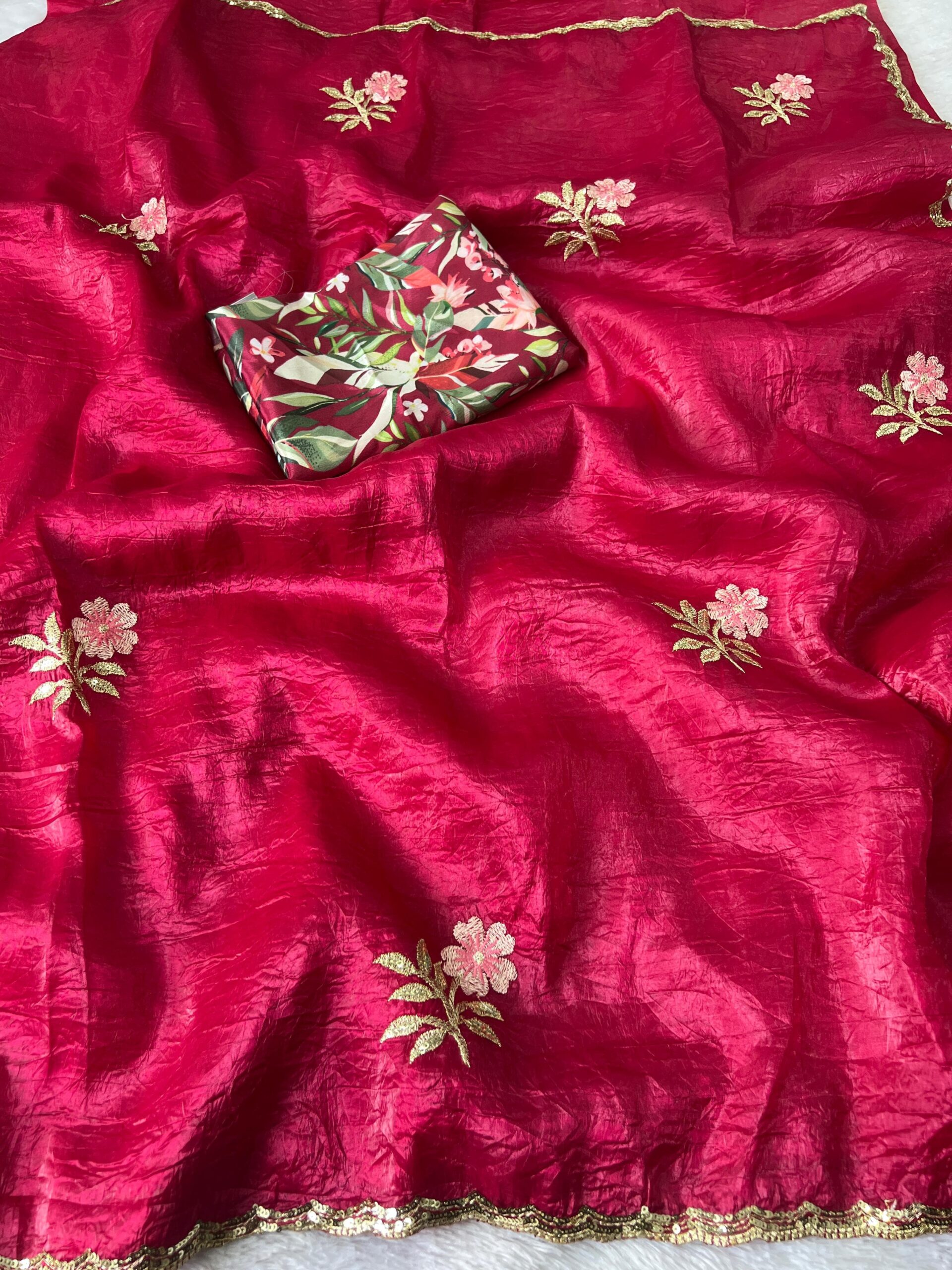 Gold Crush Tissue Multi Emrodiry Squence Work Saree With Digital Print Blouse