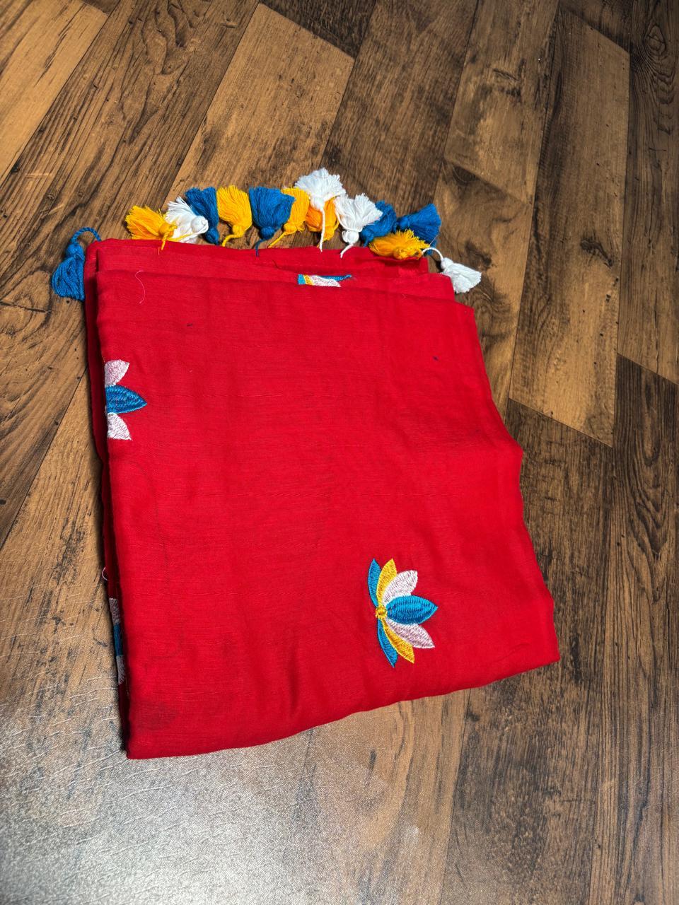 Mul Cotton Floral Embroidery Work Sarees