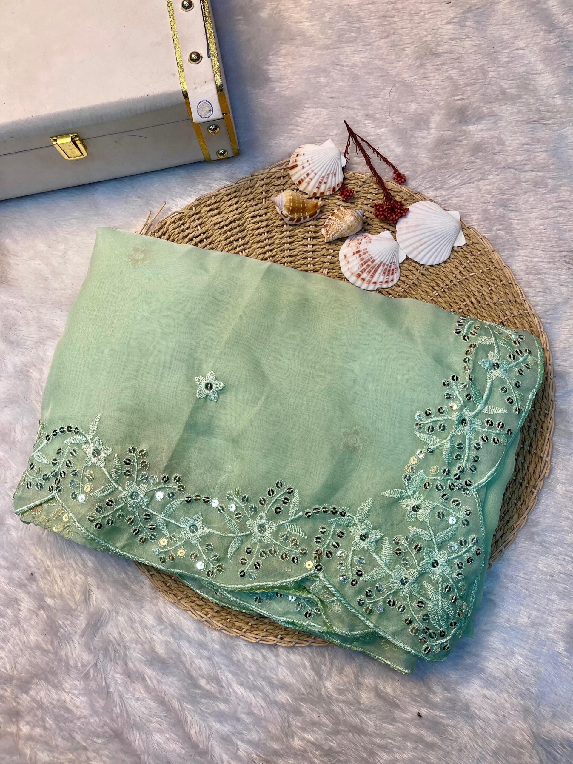 Soft Tabby orgenza fabric sequins embroidered work with embroidered arco cut border