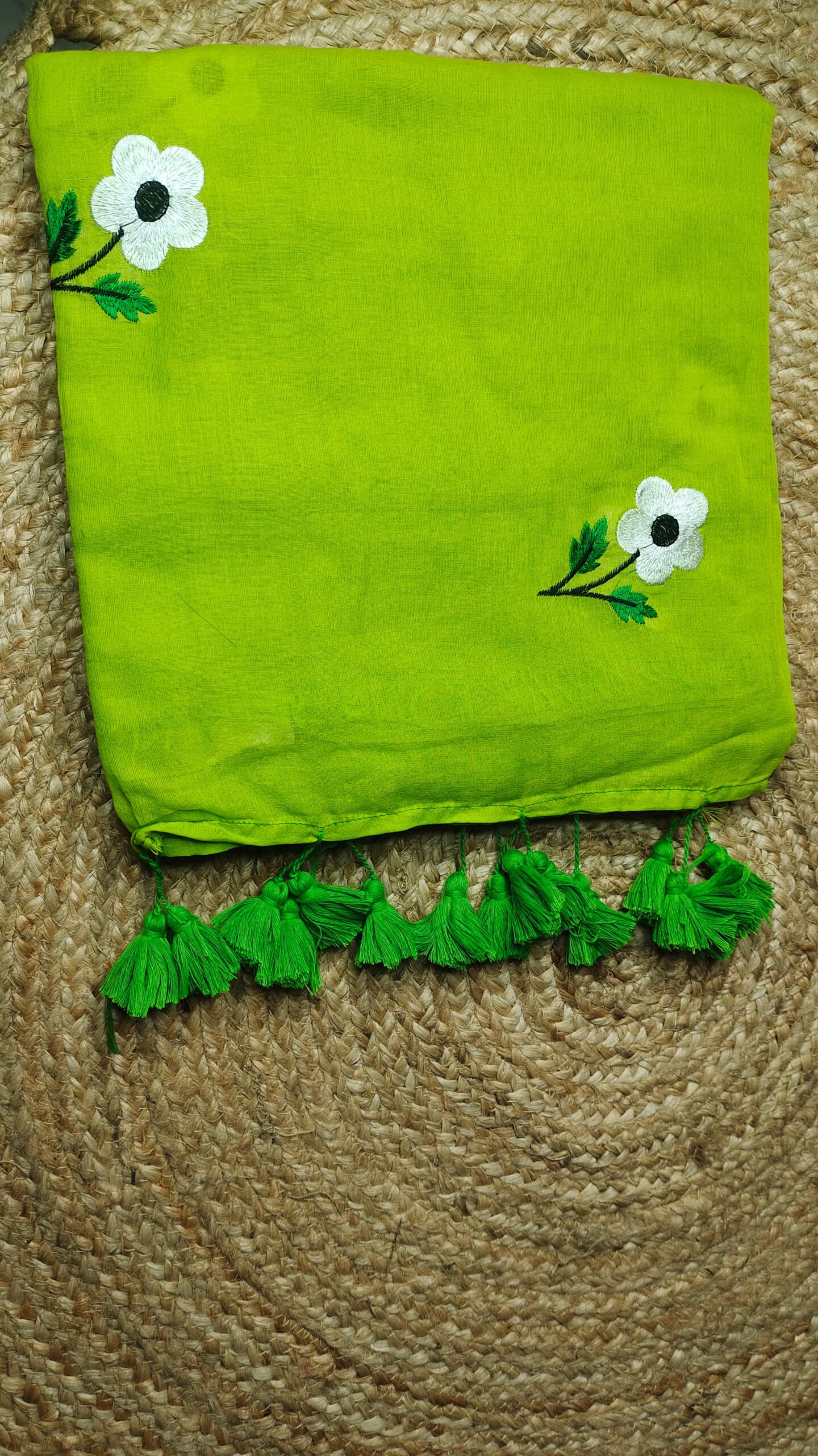 Green Embroidered Mulmul Cotton Saree