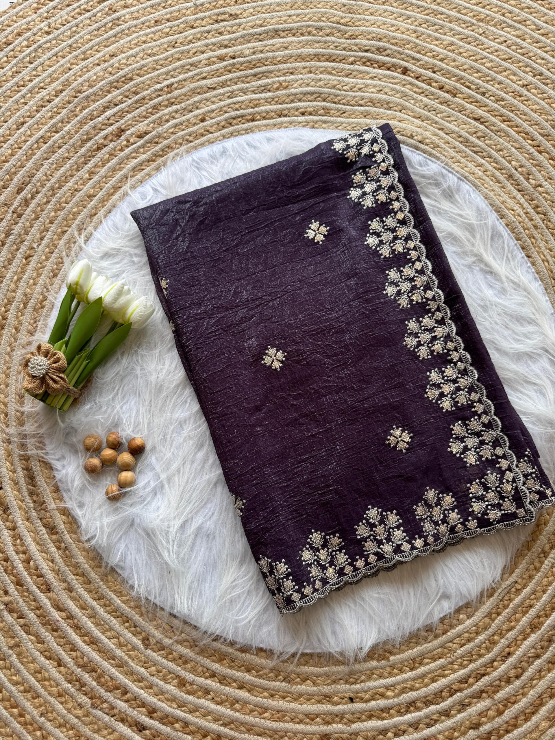 Zari sequins embroidery  Crushed silk saree