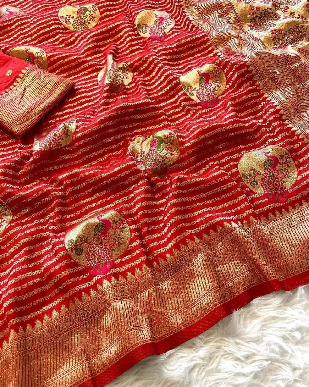 Meenakari Peacock Moftis n Jari Lining Weaving in full saree With Running Blouse
