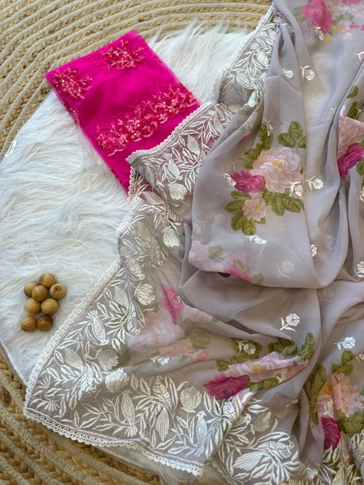 Pure georgett silk saree with work blouse of net fabric