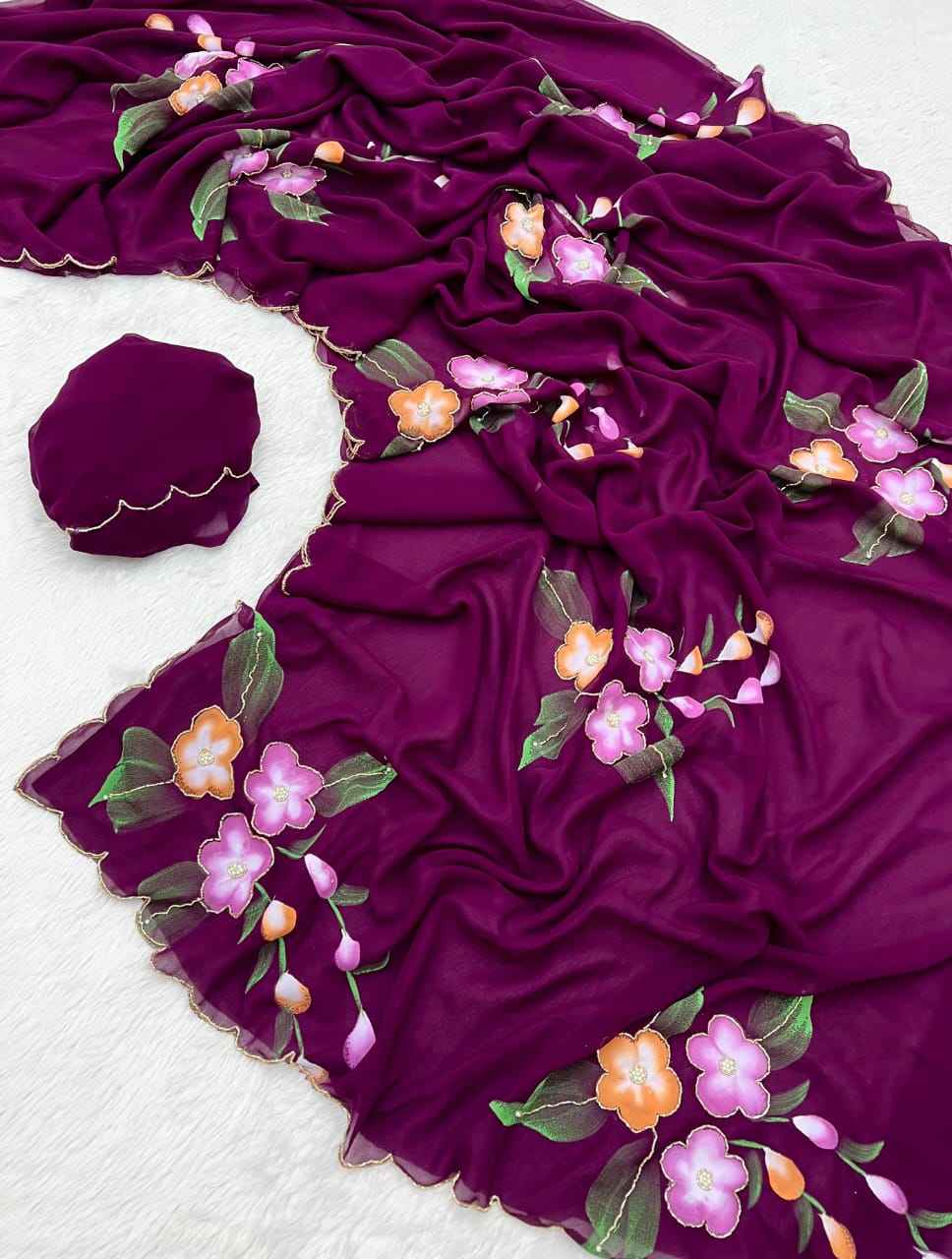 SOFT PURE GEORGETTE HANDWORK WITH HANDBRUSH FLOWER SAREE