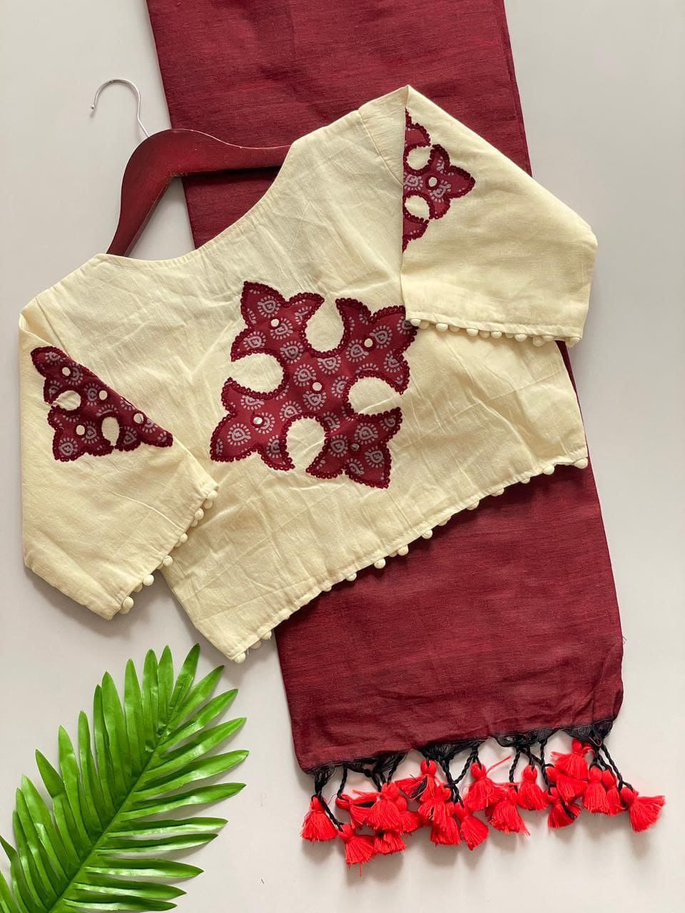 Khadi cotton saree And Beautiful Havy khadi Cotton Apllic Blouse