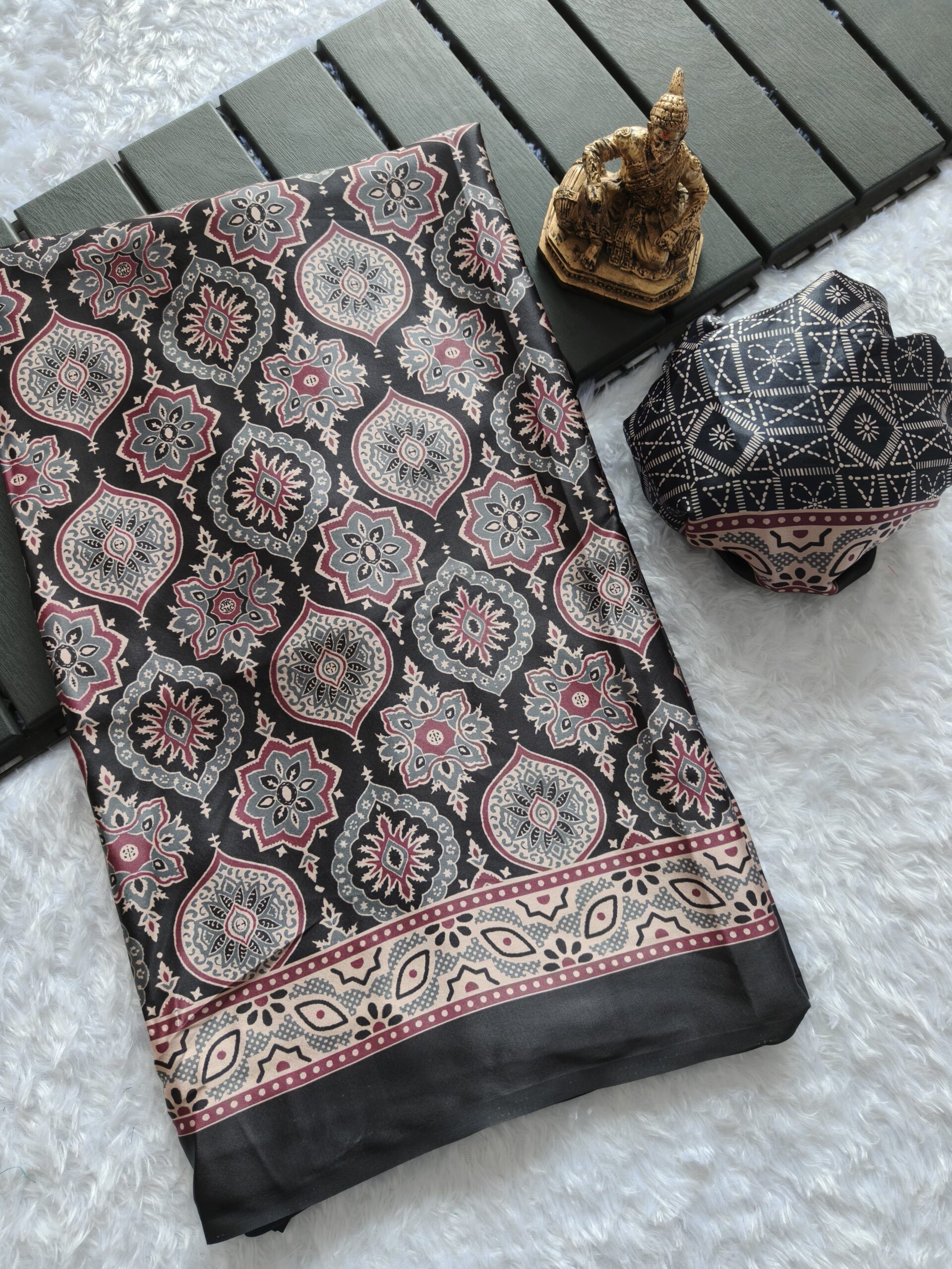 Pure modal silk handloom saree with ajrakh digital print all over sarees