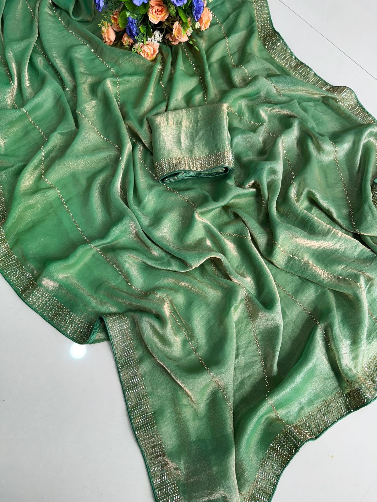 Chiffon Dual Shad Saree With Jharkhan Work Running Blouse