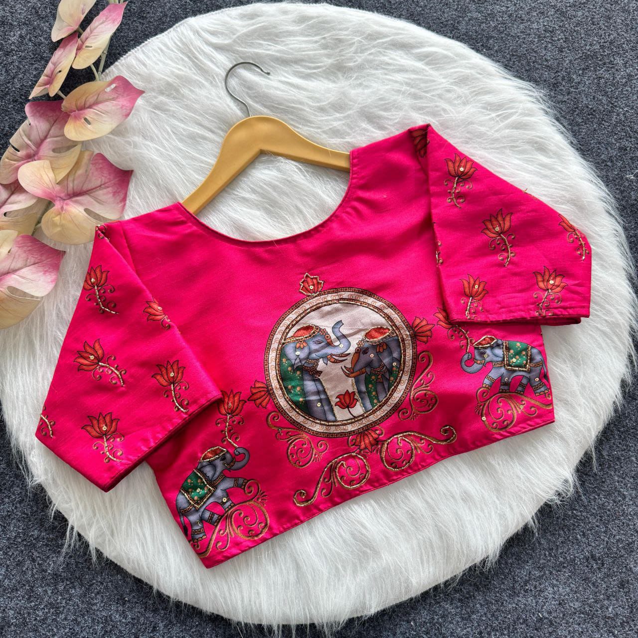 Pure silk fabric with Decent print all over blouse with antique handcrafted work