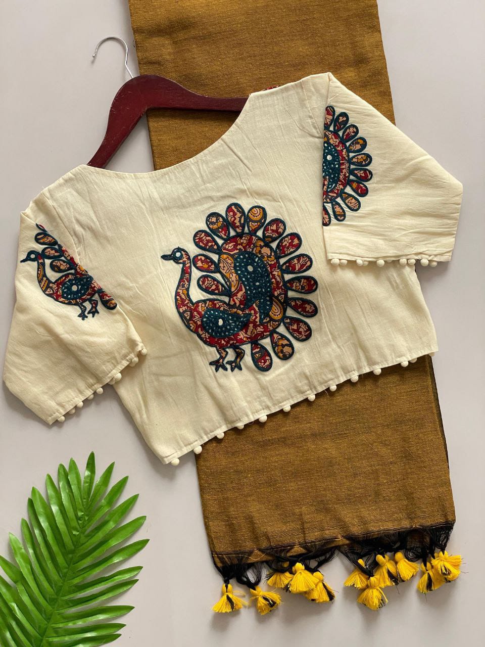 Khadi cotton saree And Beautiful peacock design Havy khadi Cotton Apllic Blouse