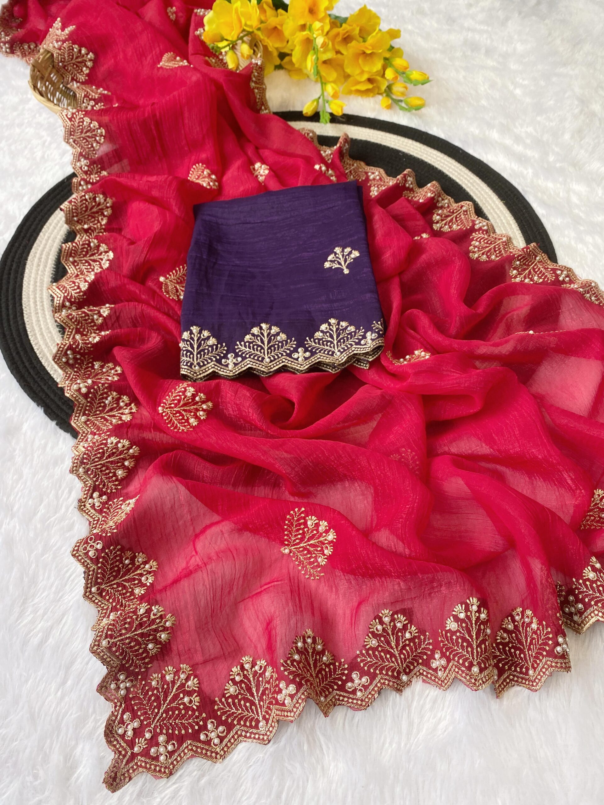 Crunchi soft  silk with beautiful embroidery Saree