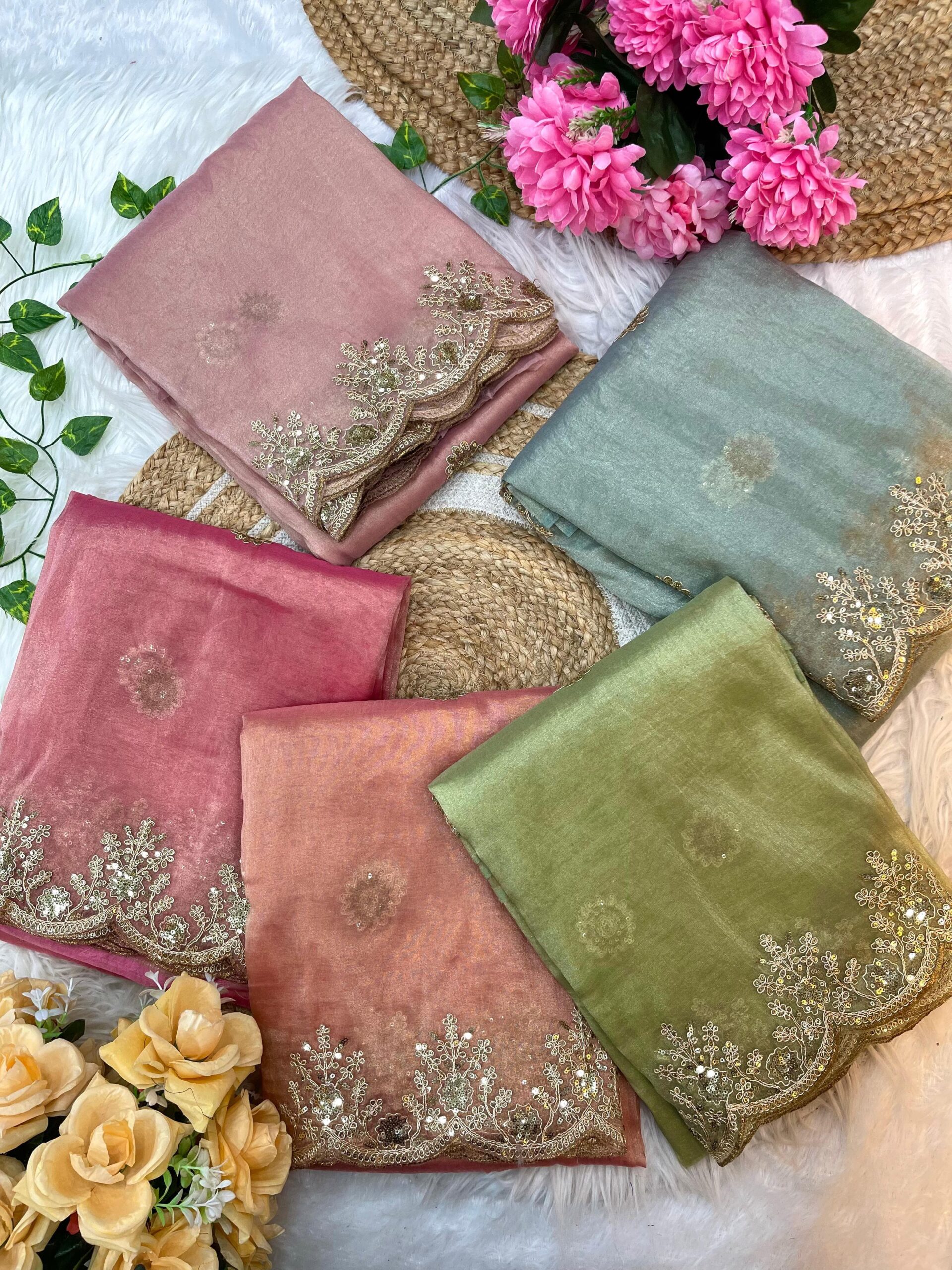 Tissue rich look fabric with beautiful embroidery sequence work saree
