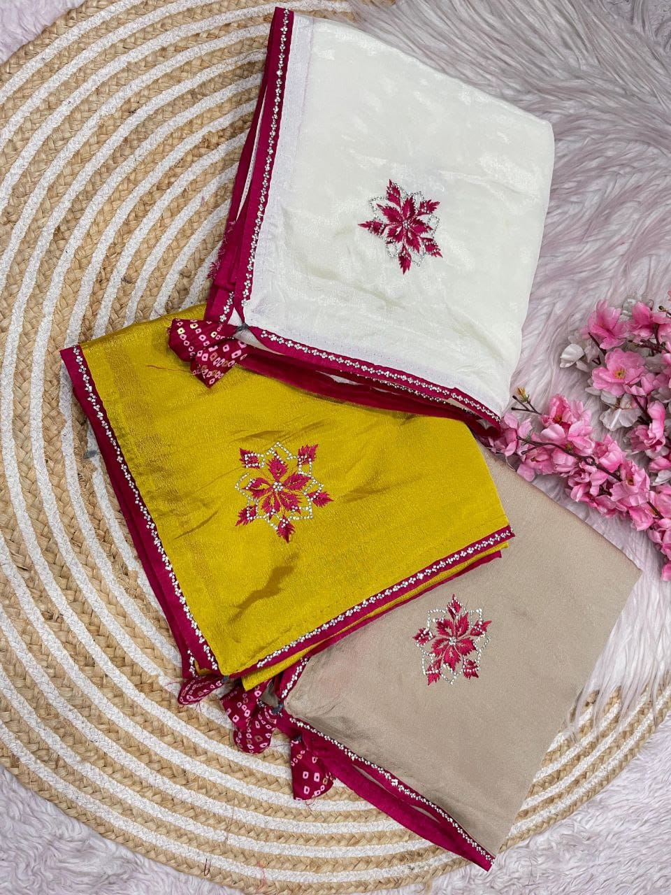 Chinnon With multi Embroidery work and Beautiful jarkhan Work and piping all over saree