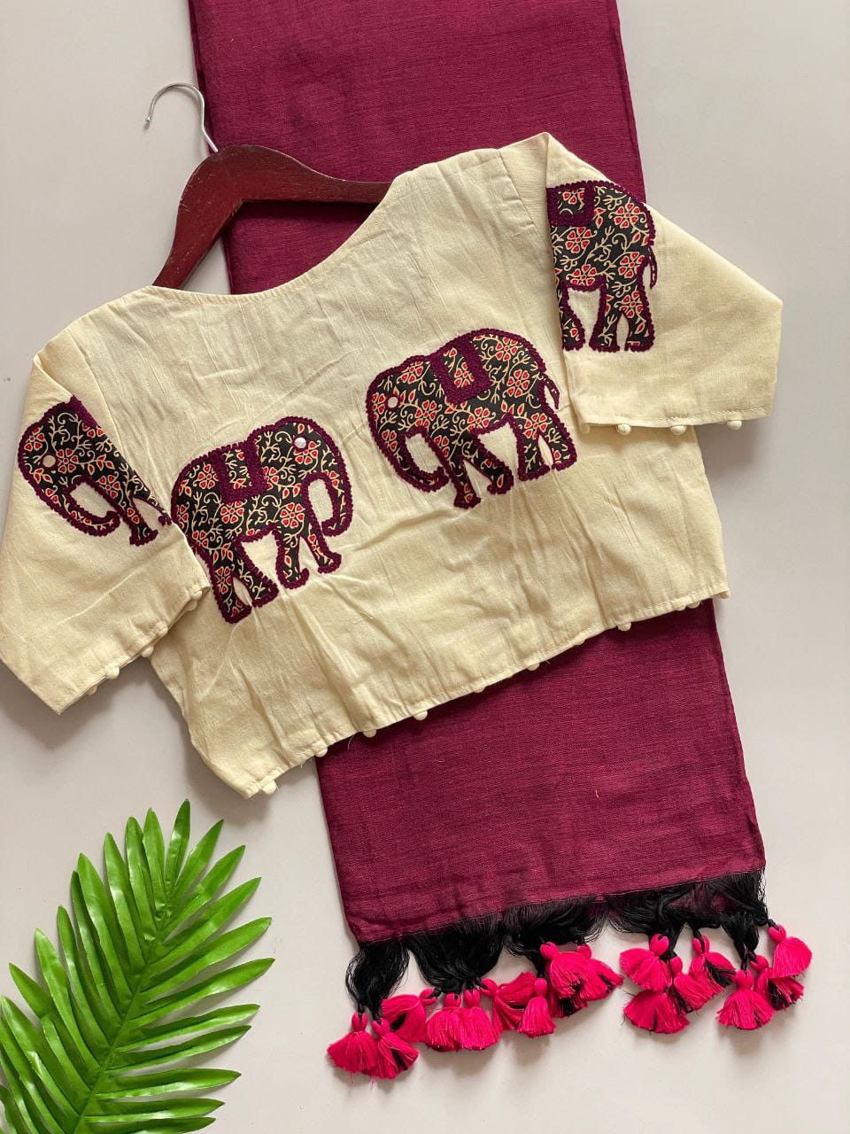Khadi cotton saree And Beautiful Havy Elephant design khadi Cotton Apllic Blouse