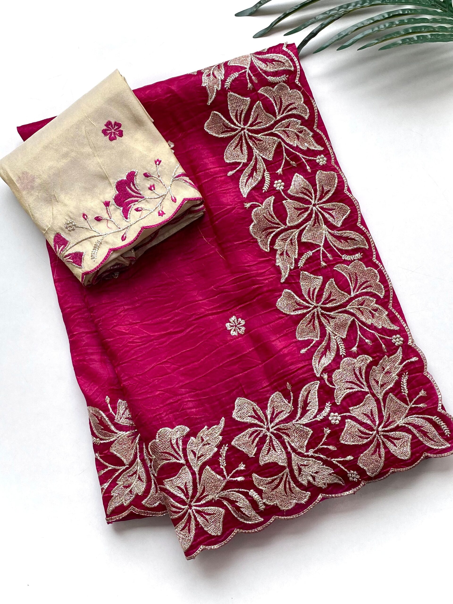 crush silk sarees with intricate flower embroidery pattern