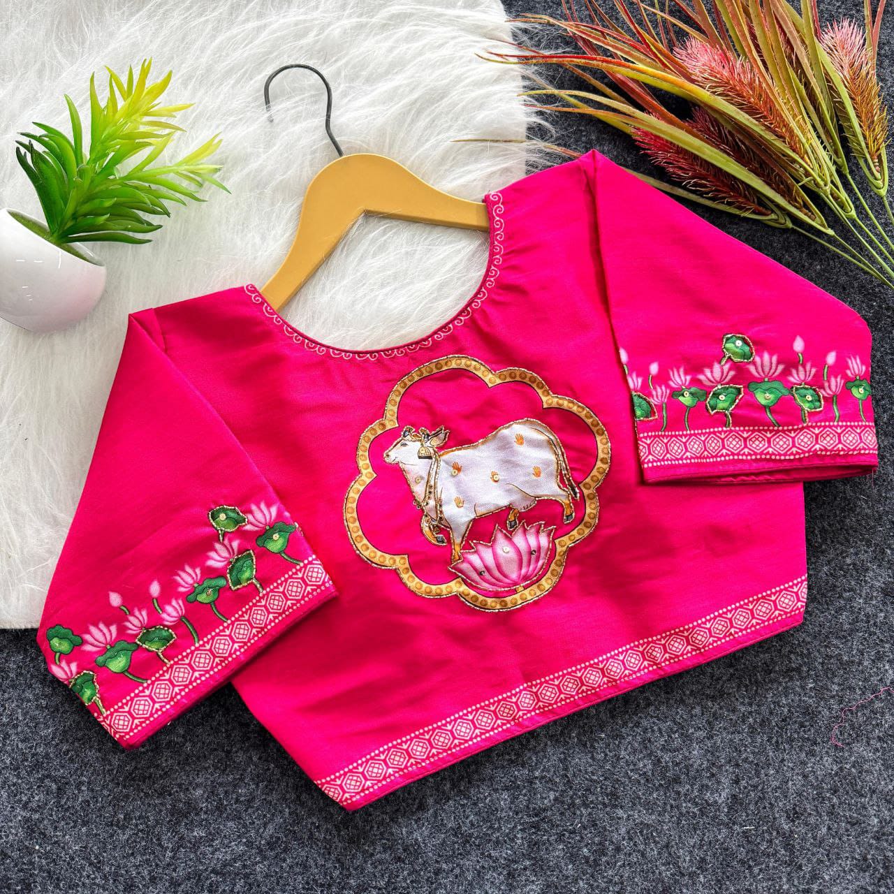 Semi pure silk fabric with Decent print all over blouse with antique handcrafted work