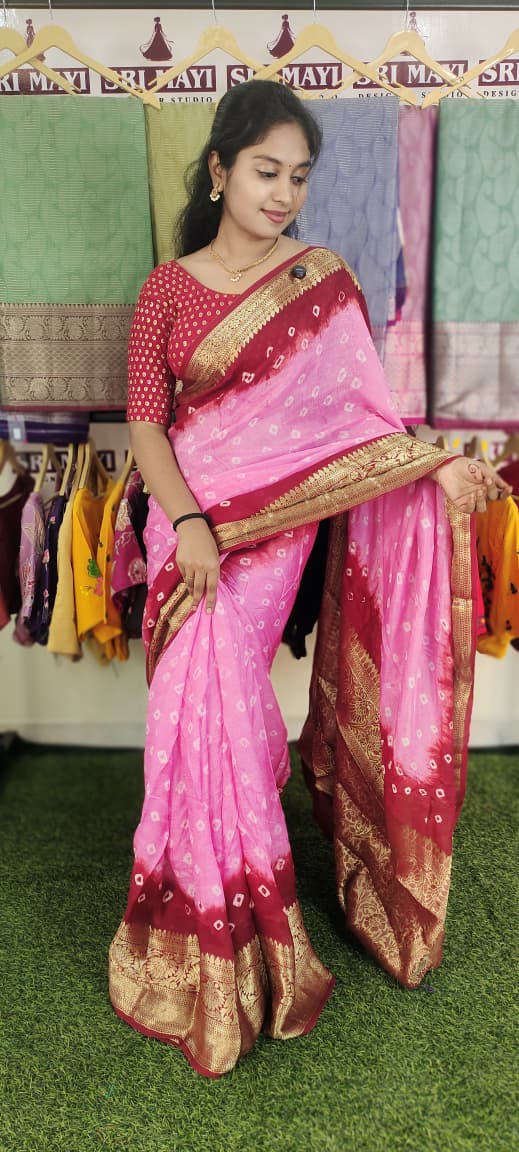 Multi color hand bandhej silk saree with zari weaving work